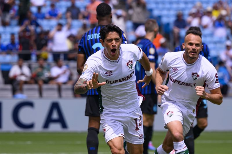 CHARLOTTE, NORTH CAROLINA - JUNE 30: Germán Cano of Fluminense FC celebrates his goal during the FIFA Club World Cup 2025 round of 16 match between FC Internazionale Milano and Fluminense FC at Bank of America Stadium on June 30, 2025 in Charlotte, United States. (Photo by Marcio Machado/Eurasia Sport Images/Getty Images)