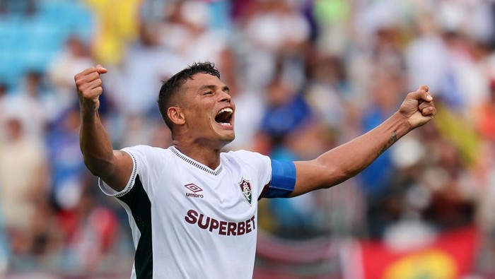 CHARLOTTE, NORTH CAROLINA - JUNE 30: Thiago Silva #3 of Fluminense FC celebrates his sides second goal scored by Hercules #35 of Fluminense FC (not pictured) during the FIFA Club World Cup 2025 round of 16 match between FC Internazionale Milano and Fluminense FC at Bank of America Stadium on June 30, 2025 in Charlotte, North Carolina. (Photo by Grant Halverson - FIFA/FIFA via Getty Images)