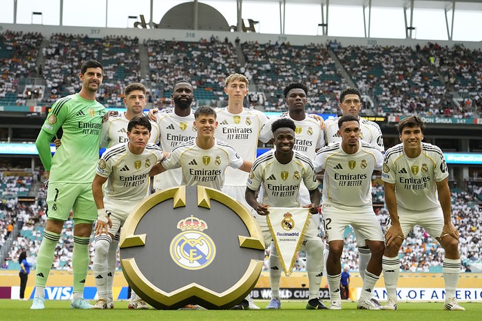 MIAMI GARDENS, FLORIDA - JULY 1: Real Madrid line up during the FIFA Club World Cup 2025 round of 16 match between Real Madrid CF and Juventus Turin at Hard Rock Stadium on July 1, 2025 in Miami Gardens, United States. (Photo by Jose Hernandez/Anadolu via Getty Images)