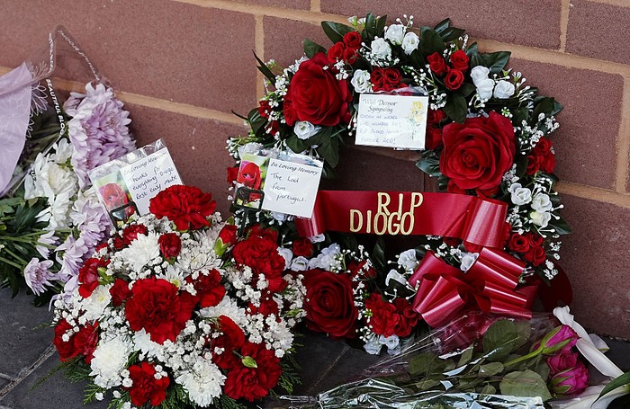 Tributes at Anfield Stadium, home of Liverpool, in memory of Diogo Jota who has died at the age of 28. The Portugal forward died along with his younger brother Andre Silva in the accident in Zamora on Thursday morning. Picture date: Thursday July 3, 2025. (Photo by Peter Byrne/PA Images via Getty Images)