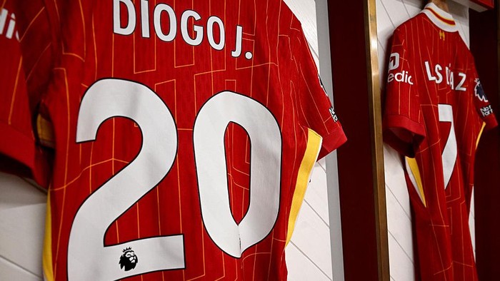 LIVERPOOL, ENGLAND - APRIL 27: (SUN OUT, SUN ON SUNDAY OUT) The shirt of Diogo Jota is displayed inside the Liverpool dressing room prior to the Premier League match between Liverpool FC and Tottenham Hotspur FC at Anfield on April 27, 2025 in Liverpool, England. (Photo by Liverpool FC/Liverpool FC via Getty Images)