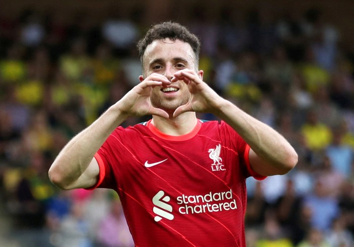 FILE PHOTO: Soccer Football - Premier League - Norwich City v Liverpool - Carrow Road, Norwich, Britain - August 14, 2021 Liverpools Diogo Jota celebrates scoring their first goal REUTERS/Chris Radburn/File Photo   EDITORIAL USE ONLY. No use with unauthorized audio, video, data, fixture lists, club/league logos or live services. Online in-match use limited to 75 images, no video emulation. No use in betting, games or single club /league/player publications.  Please contact your account representative for further details.