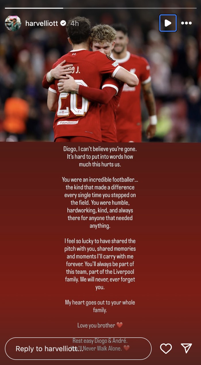 Diogo Jota Meninggal Ucapan duka cita dari pemain-pemain Liverpool atas wafatnya Diogo Jota, Rabu 3 Juli 2025.