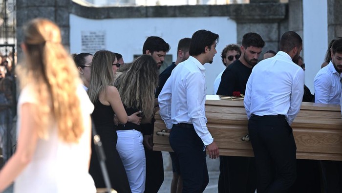 The coffins of Diogo Jota and Andre Silva are brought into the Igreja Matriz de Gondomar in the town of Gondomar near Porto. The Liverpool and Portugal forward died along with his younger brother Andre Silva in the accident in Zamora on Thursday morning. Picture date: Saturday July 5, 2025. (Photo by PA/PA Images via Getty Images)