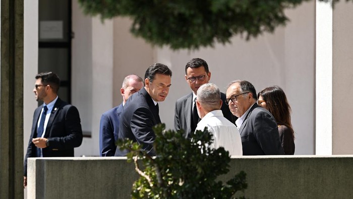 Prime minister of Portugal Luis Montenegro (third left) ahead of the wake of Diogo Jota being held at Sao Cosme Chapel in the town of Gondomar near Porto. The Portugal forward died along with his younger brother Andre Silva in the accident in Zamora on Thursday morning. Picture date: Friday July 4, 2025. (Photo by PA/PA Images via Getty Images)