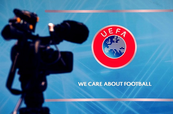 A television camera set up in front of a UEFA logo ahead of the Euro 2028 and Euro 2032 hosts announcement ceremony at the UEFA Headquarters in Nyon, Switzerland. Picture date: Tuesday October 10, 2023. (Photo by Mike Egerton/PA Images via Getty Images)