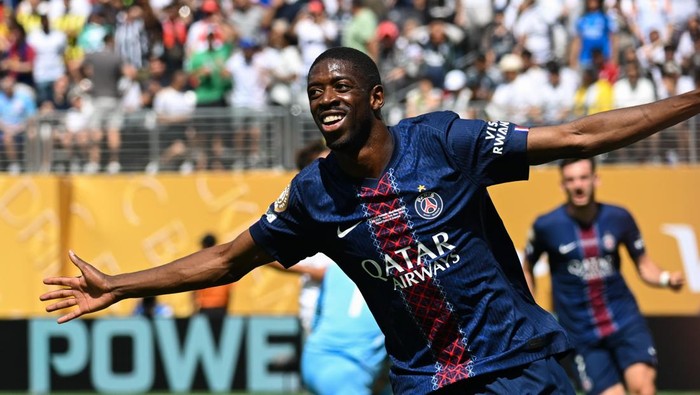 EAST RUTHERFORD, NEW JERSEY - JULY 09: Ousmane Dembele #10 of Paris Saint-Germain celebrates after scoring his teams second goal during the first half of the FIFA Club World Cup 2025 semi-final match between Paris Saint-Germain and Real Madrid CF at MetLife Stadium on July 09, 2025 in East Rutherford, New Jersey. (Photo by Howard Smith/ISI Photos/ISI Photos via Getty Images)