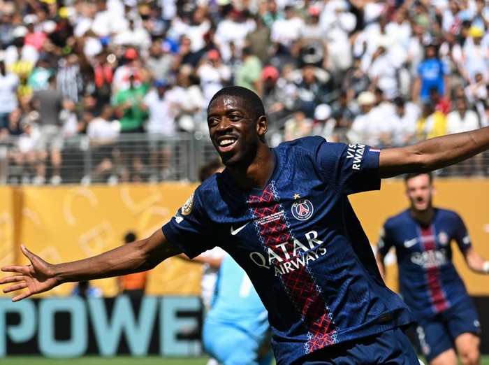 EAST RUTHERFORD, NEW JERSEY - JULY 09: Ousmane Dembele #10 of Paris Saint-Germain celebrates after scoring his team's second goal during the first half of the FIFA Club World Cup 2025 semi-final match between Paris Saint-Germain and Real Madrid CF at MetLife Stadium on July 09, 2025 in East Rutherford, New Jersey. (Photo by Howard Smith/ISI Photos/ISI Photos via Getty Images)