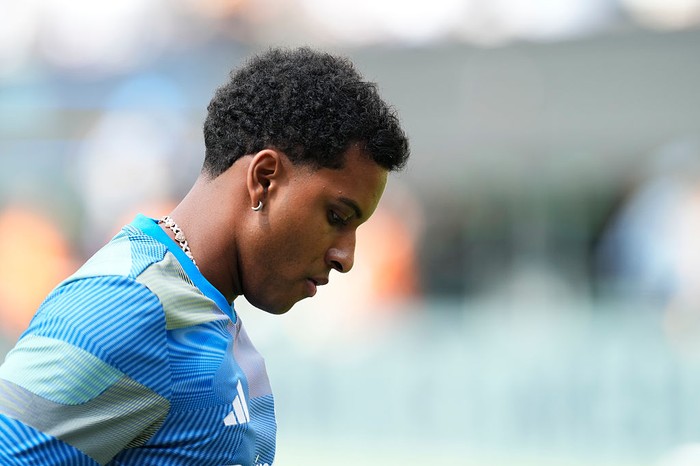 Rodrygo Goes right winger of Real Madrid and Brazil during the warm-up before the FIFA Club World Cup 2025 semi-final match between Paris Saint-Germain and Real Madrid CF at MetLife Stadium on July 9, 2025 in East Rutherford, United States (Photo by Jose Breton/Pics Action/NurPhoto via Getty Images)