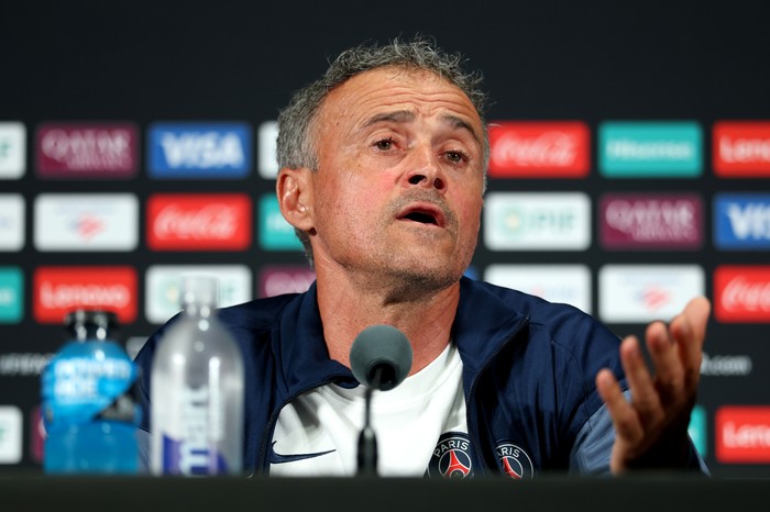 EAST RUTHERFORD, NEW JERSEY - JULY 11: Luis Enrique, Head Coach of Paris Saint-Germain, speaks to the media during a Paris Saint-Germain Press Conference ahead of their FIFA Club World Cup 2025 Final match between Chelsea FC and Paris Saint-Germain a