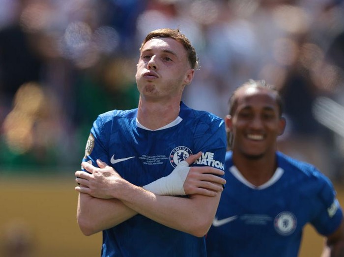 EAST RUTHERFORD, NEW JERSEY - JULY 13: Cole Palmer of Chelsea FC celebrates after scoring to give the side a 1-0 lead during the FIFA Club World Cup 2025 final match between Chelsea FC and Paris Saint-Germain at MetLife Stadium on July 13, 2025 in East Rutherford, New Jersey. (Photo by Jonathan Moscrop/Getty Images)