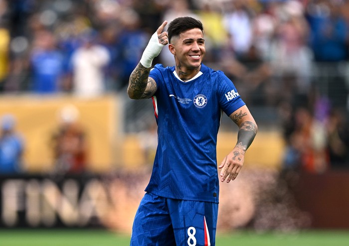 EAST RUTHERFORD, NEW JERSEY - JULY 13: Enzo Fernandez #8 of Chelsea FC celebrates after the teams victory during the FIFA Club World Cup 2025 Final match between Chelsea FC and Paris Saint-Germain at MetLife Stadium on July 13, 2025 in East Rutherford, New Jersey. (Photo by Darren Walsh/Chelsea FC via Getty Images)