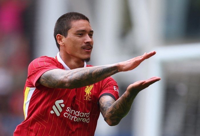 Soccer Football - Pre-Season Friendly - Preston North End v Liverpool - Deepdale, Preston, Britain - July 13, 2025 Liverpools Darwin Nunez celebrates scoring their second goal Action Images via Reuters/Ed Sykes