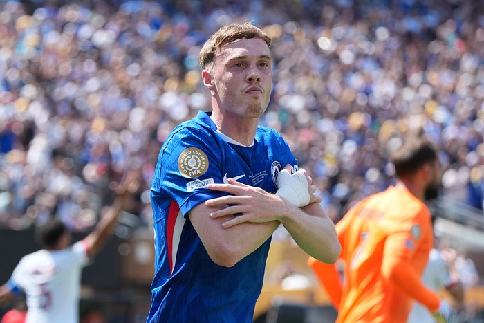 EAST RUTHERFORD, NEW JERSEY - JULY 13: Cole Palmer of Chelsea FC celebrates scoring his side's first goal during the FIFA Club World Cup 2025 final match between Chelsea FC and Paris Saint-Germain at MetLife Stadium on July 13, 2025 in East Rutherford, New Jersey. (Photo by Etsuo Hara/Getty Images)