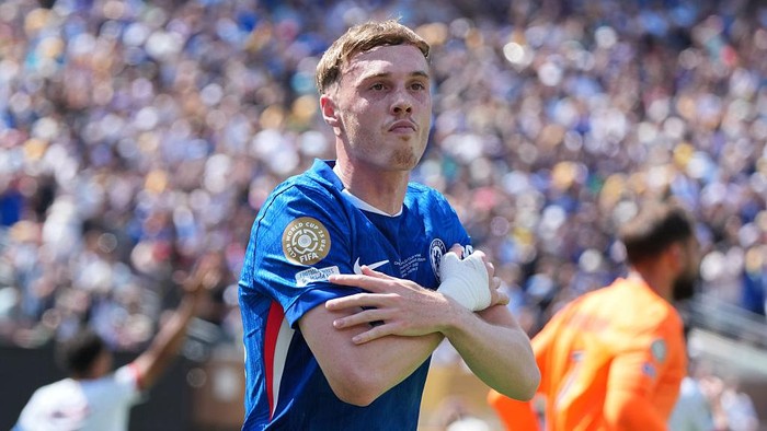 EAST RUTHERFORD, NEW JERSEY - JULY 13: Cole Palmer of Chelsea FC celebrates scoring his sides first goal during the FIFA Club World Cup 2025 final match between Chelsea FC and Paris Saint-Germain at MetLife Stadium on July 13, 2025 in East Rutherford, New Jersey. (Photo by Etsuo Hara/Getty Images)