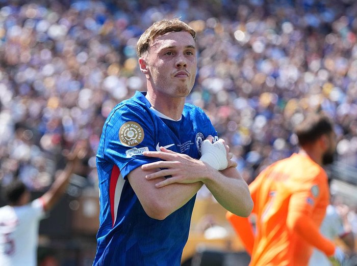 EAST RUTHERFORD, NEW JERSEY - JULY 13: Cole Palmer of Chelsea FC celebrates scoring his side's first goal during the FIFA Club World Cup 2025 final match between Chelsea FC and Paris Saint-Germain at MetLife Stadium on July 13, 2025 in East Rutherford, New Jersey. (Photo by Etsuo Hara/Getty Images)