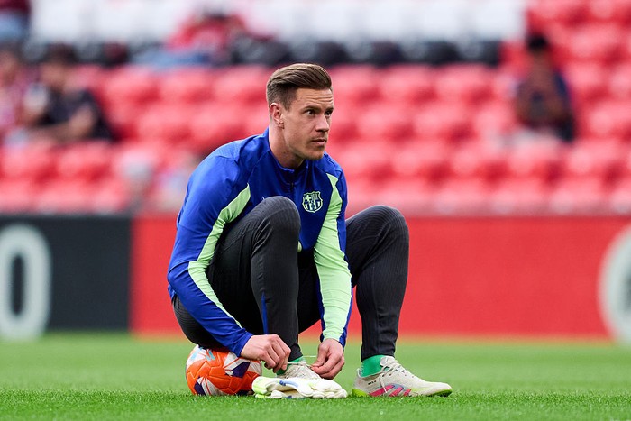 BILBAO, SPAIN - MAY 25: Marc Andre Ter Stegen of FC Barcelona looks on prior to the LaLiga match between Athletic Club and FC Barcelona at Estadio de San Mames on May 25, 2025 in Bilbao, Spain. (Photo by Juan Manuel Serrano Arce/Getty Images)