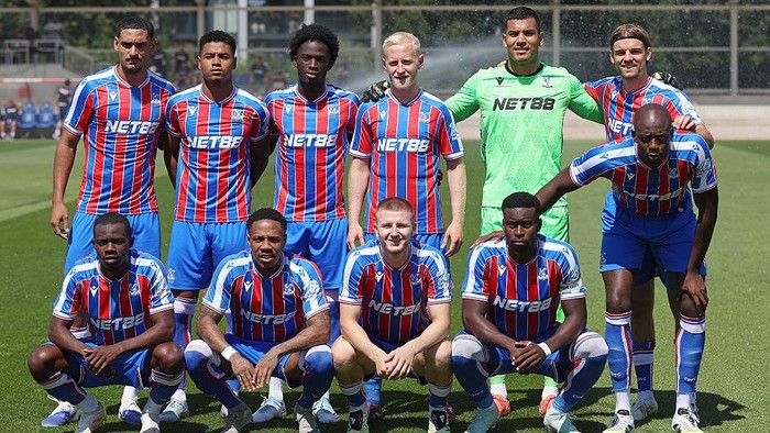 LONDON, ENGLAND - JULY 12: Crystal Palace team photo (L-R) Maxence Lacroix, Matheus Franca, Romain Esse, Will Hughes, Walter Benitez, Tyrick Mitchell, Nathaniel Clyne, Adam Wharton, Marc Guehi , Jean-Philippe Mateta ahead of kick off during the pre-season friendly match between Crystal Palace and Millwall at Crystal Palace Academy Ground on July 12, 2025 in London, England. (Photo by Crystal Pix/MB Media/Getty Images)