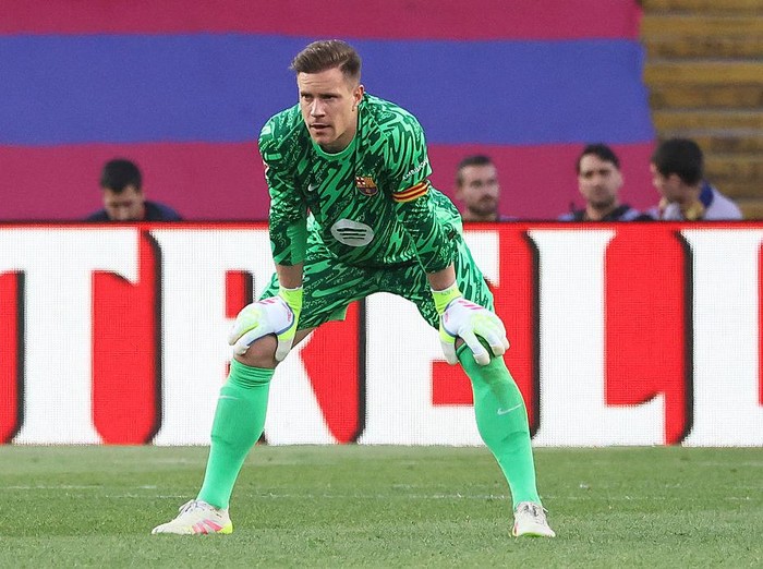 Marc-Andre ter Stegen plays during the match between FC Barcelona and Villarreal CF, corresponding to week 37 of LaLiga EA Sports, at the Olympic Stadium Lluis Companys, in Barcelona, Spain, on May 18, 2025. (Photo by Joan Valls/Urbanandsport/NurPhoto via Getty Images)
