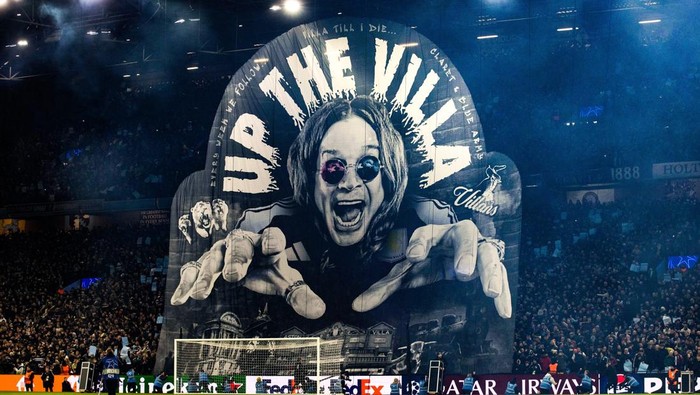 BIRMINGHAM, ENGLAND - JANUARY 29: Aston Villa fans display a tifo with famous supporter Ozzy Osbourne during a UEFA Champions League 2024/25 League Phase MD8 match between Aston Villa and Celtic at Villa Park, on January 29, 2025, in Birmingham, England. (Photo by Craig Williamson/SNS Group via Getty Images)