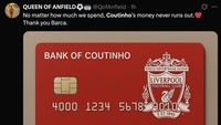 Fans Liverpool berterima kasih kepada Barcelona yang sudah membeli mahal Coutinho, sampai muncul meme kartu kredit dari Bank Coutinho. Duh! (Foto: Twitter)