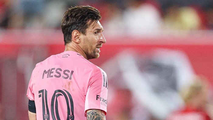 Jul 19, 2025; Harrison, New Jersey, USA; Inter Miami CF forward Lionel Messi (10) in action against the New York Red Bulls during the second half at Sports Illustrated Stadium. Mandatory Credit: Vincent Carchietta-Imagn Images