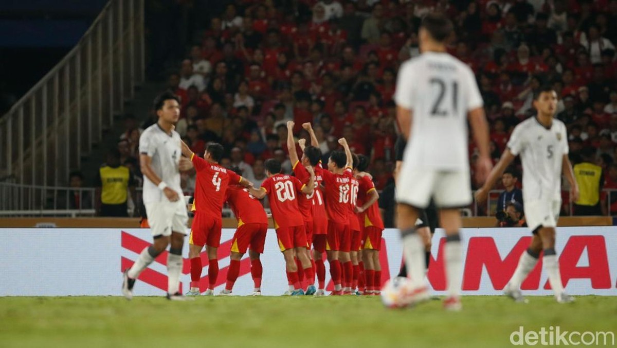 Perayaan gol Vietnam U-23 ke gawang Indonesia U-23. (Foto: Rifkianto Nugroho/detikcom)