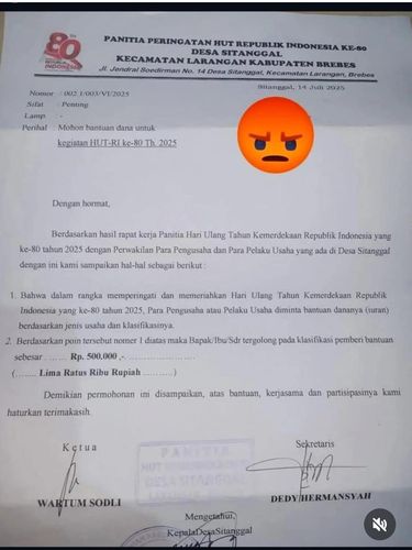 Surat tuntutan bantuan dana dari Panitia HUT RI ke-80 Desa Sitanggal Brebes.