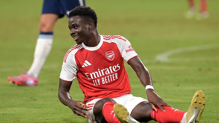 HONG KONG, CHINA - JULY 31: Bukayo Saka of Arsenal reacts during the Pre-Season Friendly match between Arsenal and Tottenham Hotspur at Kai Tak Sports Park on July 31, 2025 in Hong Kong, China.  (Photo by Stuart MacFarlane/Arsenal FC via Getty Images)
