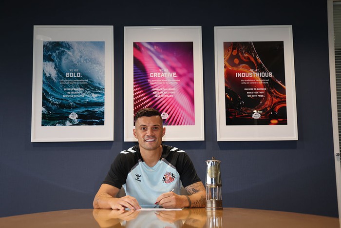  New Sunderland signing Granit Xhaka performs media duties at The Academy of Light on July 29, 2025 in Sunderland, England.  (Photo by Ian Horrocks/Sunderland AFC via Getty Images)