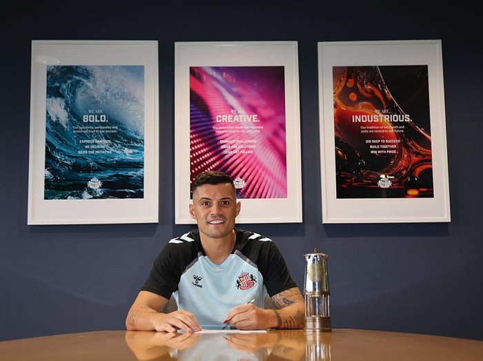SUNDERLAND, ENGLAND - JULY 29: New Sunderland signing Granit Xhaka performs media duties at The Academy of Light on July 29, 2025 in Sunderland, England.  (Photo by Ian Horrocks/Sunderland AFC via Getty Images)