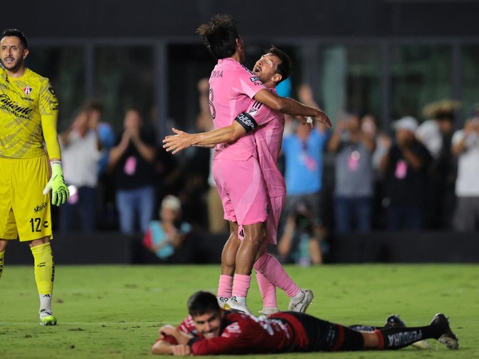 Jul 30, 2025; Ft. Lauderdale, Florida, USA; Inter Miami CF midfielder Telasco Segovia (8) celebrates with forward Lionel Messi (10) after scoring against Atlas FC during the second half of a group stage League Cup match at Chase Stadium. Mandatory Credit: Sam Navarro-Imagn Images