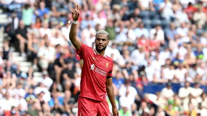 PRESTON, ENGLAND - JULY 13: (THE SUN OUT, THE SUN ON SUNDAY OUT) Cody Gakpo of Liverpool celebrates scoring his teams third goal during the pre-season friendly match between Preston North End and Liverpool at Deepdale on July 13, 2025 in Preston, England. (Photo by Liverpool FC/Liverpool FC via Getty Images)