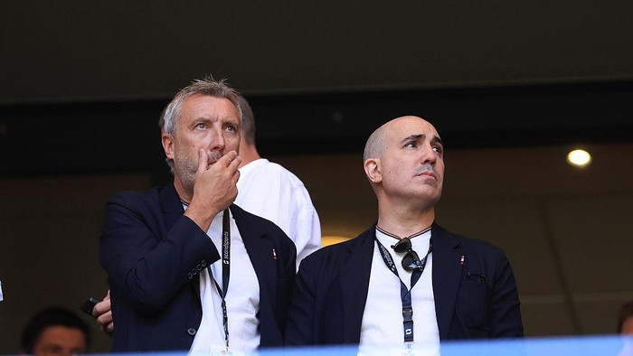 SOLNA, SWEDEN - JULY 19: Jason Wilcox, Director of Football at Manchester United and Omar Berrada, Chief Executive Officer of Manchester United during the pre-season friendly match between Manchester United and Leeds United at Strawberry Arena on July 19, 2025 in Solna, Sweden. (Photo by Catherine Ivill - AMA/Getty Images)