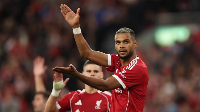 LIVERPOOL, ENGLAND - AUGUST 04: Cody Gakpo of Liverpool celebrates scoring his teams second goal during the second pre-season friendly match between Liverpool and Athletic Club Bilbao at Anfield on August 04, 2025 in Liverpool, England. (Photo by Carl Recine/Getty Images)