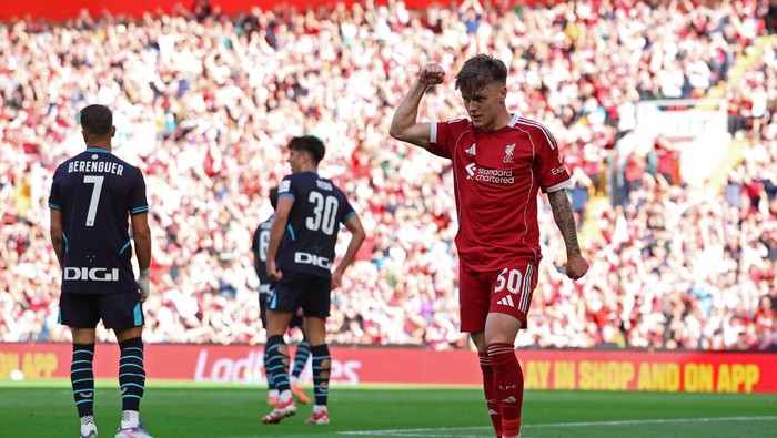 Soccer Football - Friendly - Liverpool v Athletic Bilbao - Anfield, Liverpool, Britain - August 4, 2025 Liverpools Ben Doak celebrates scoring their third goal REUTERS/Phil Noble
