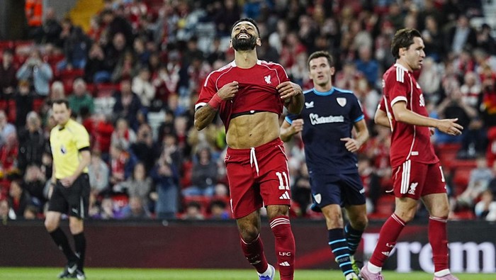 Liverpools Mohamed Salah reacts after missing a penalty during the pre-season friendly match at Anfield, Liverpool. Picture date: Monday August 4, 2025. (Photo by Peter Byrne/PA Images via Getty Images)