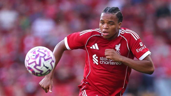 LIVERPOOL, ENGLAND - AUGUST 4: Rio Ngumoha of Liverpool  during the pre-season friendly match between Liverpool v Athletic Club Bilbao at Anfield on August 4, 2025 in Liverpool, England. (Photo by Robbie Jay Barratt - AMA/Getty Images)
