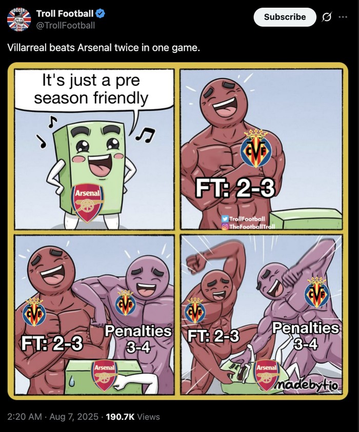 Meme Gyokeres usai Arsenal kalah di pramusim