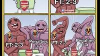 Meme Villarreal menang 2 kali dalam 1 laga melawan Arsenal; menang di waktu 2x45 menit lalu adu penalti. Foto: dok. Internet/X (Twitter)