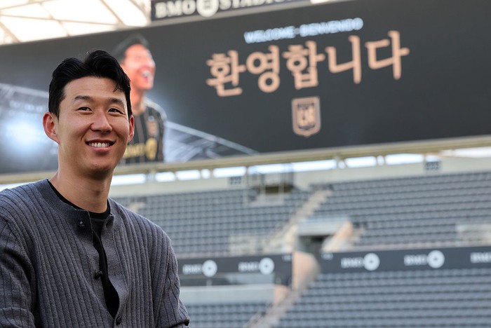 LOS ANGELES, CALIFORNIA - AUGUST 6: Son Hueng-Min of Los Angeles Football Club speaks during an interview after he was introduced during a news conference at BMO Stadium on August 6, 2025 in Los Angeles, California. (Photo by Kevork Djansezian/Getty Images)