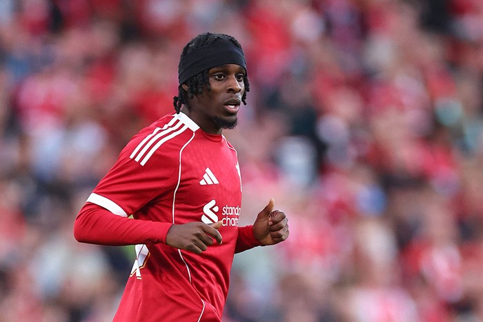 Jeremie Frimpong Jeremie Frimpong of Liverpool during the pre-season friendly match between Liverpool v Athletic Club Bilbao at Anfield on August 4, 2025 in Liverpool, England. (Photo by Robbie Jay Barratt - AMA/Getty Images)