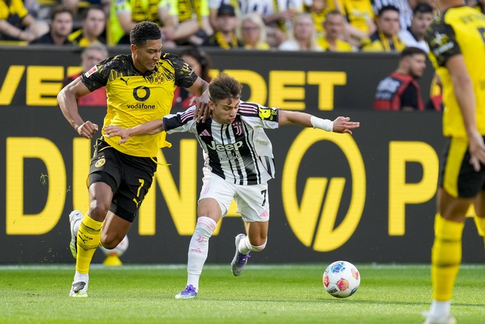 Dortmund, Germany - August 10: Jobe Bellingham of Borussia Dortmund and Francisco Conceicao of Juventus battle for the ball during the Pre-Season Friendly match between Borussia Dortmund and Juventus FC at Signal Iduna Park on August 10, 2025 in Dortmund, Germany. (Photo by Alex Gottschalk/DeFodi Images/DeFodi via Getty Images)
