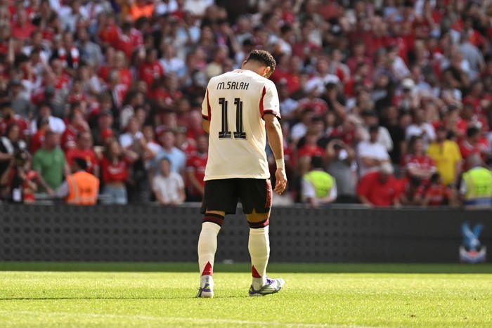 LONDON, ENGLAND - AUGUST 10: (THE SUN OUT, THE SUN ON SUNDAY OUT) Mohamed Salah of Liverpool reacts during the 2025 FA Community Shield match between Crystal Palace and Liverpool at Wembley Stadium on August 10, 2025 in London, England. (Photo by Liverpool FC/Liverpool FC via Getty Images)