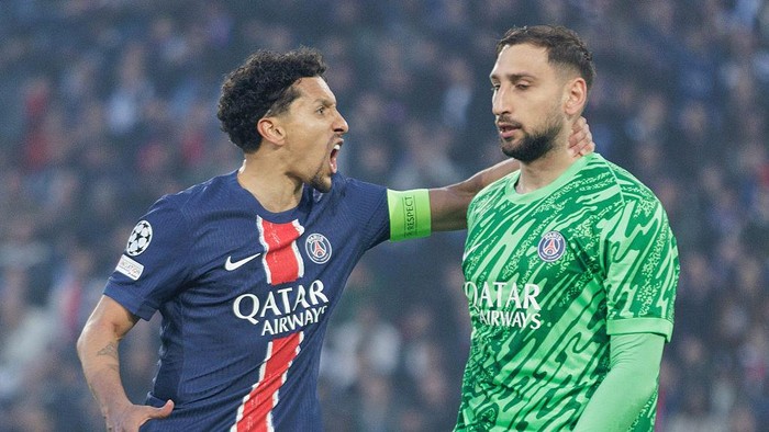 Paris, France - May 7: Marquinhos and Gianluigi Donnarumma of Paris Saint-Germain reacts during the UEFA Champions League 2024/25 Semi Final Second Leg match between Paris Saint-Germain and Arsenal FC at Parc des Princes on May 7, 2025 in Paris, France. (Photo by Tnani Badreddine/DeFodi Images/DeFodi via Getty Images)