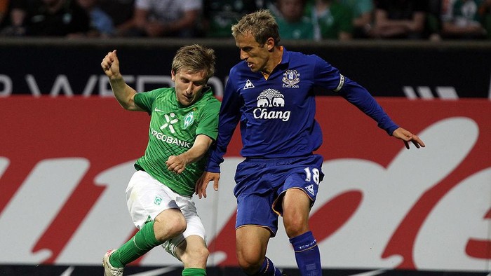 Phil Neville Marko Marin (L) of Bremen and Phil Neville (R) of Everton battle for the ball during the pre season friendly match between SV Werder Bremen and Everton at Weser Stadium on August 2, 2011 in Bremen, Germany. (Photo by Martin Rose/Bongarts/Getty Images