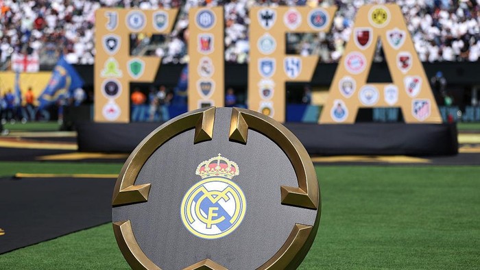 EAST RUTHERFORD, NEW JERSEY - JULY 09: A detailed view of the Real Madrid C. F. logo on the pitch prior to the FIFA Club World Cup 2025 semi-final match between Paris Saint-Germain and Real Madrid CF at MetLife Stadium on July 09, 2025 in East Rutherford, New Jersey. (Photo by Patrick Smith - FIFA/FIFA via Getty Images)