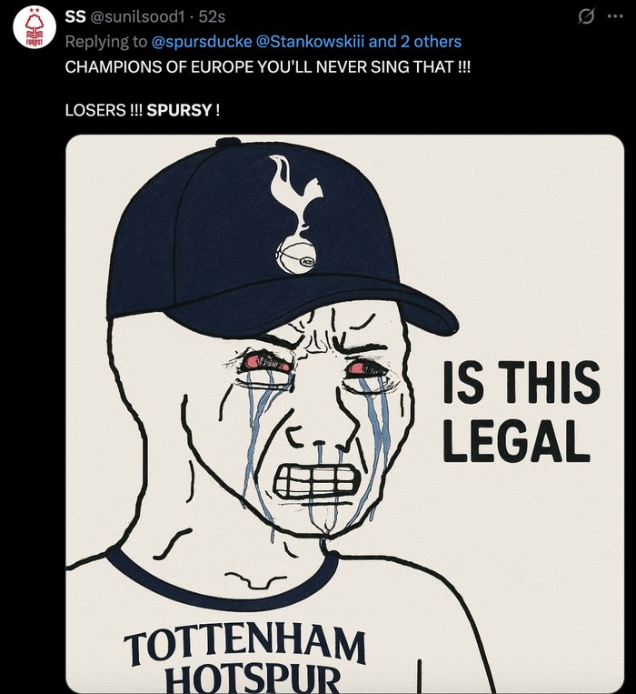 Meme Tottenham Hotspur kalah di Piala Super Eropa 2025, kena comeback dari Paris Saint-Germain.