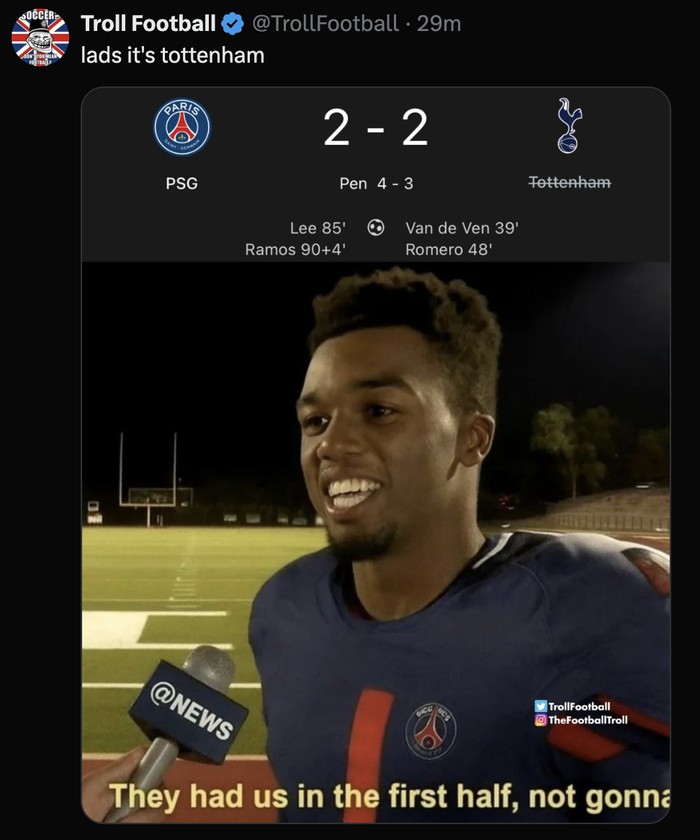 Meme Tottenham Hotspur kalah di Piala Super Eropa 2025, kena comeback dari Paris Saint-Germain.