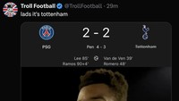 Tottenham Hotspur kalah dari PSG di Piala Super Eropa 2025. Spurs padahal sudah unggul 2-0, tapi kena comeback dan keok di adu penalti. (Foto: Twitter)